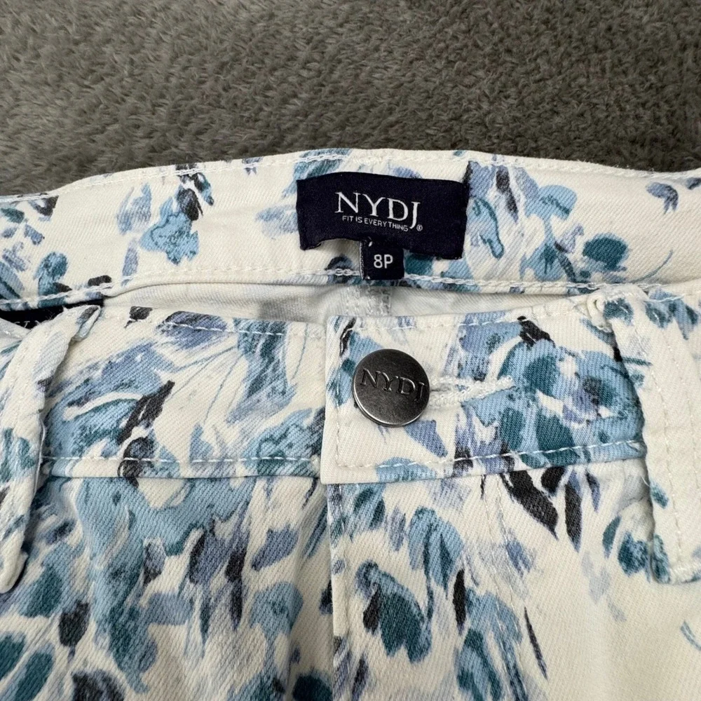 NYDJ Petite Floral Print Cropped Pants Size 8P‎ White Blue Slim Leg